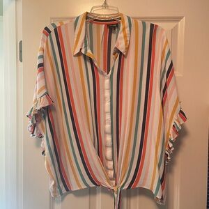 a.n.a Relaxed Multi-Color Striped Tie Front Top Dolman Sleeves